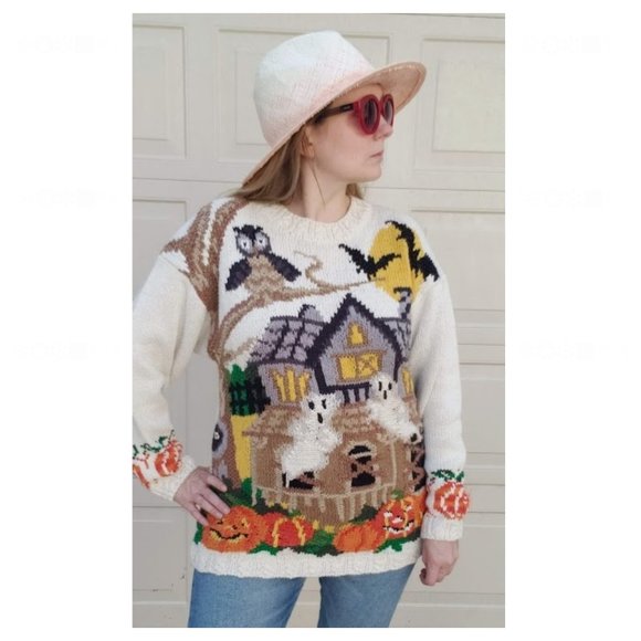 Vintage Sweaters - NWT Crystal Kobe Vintage 90s Chunky Knit Halloween Spooky Sweater